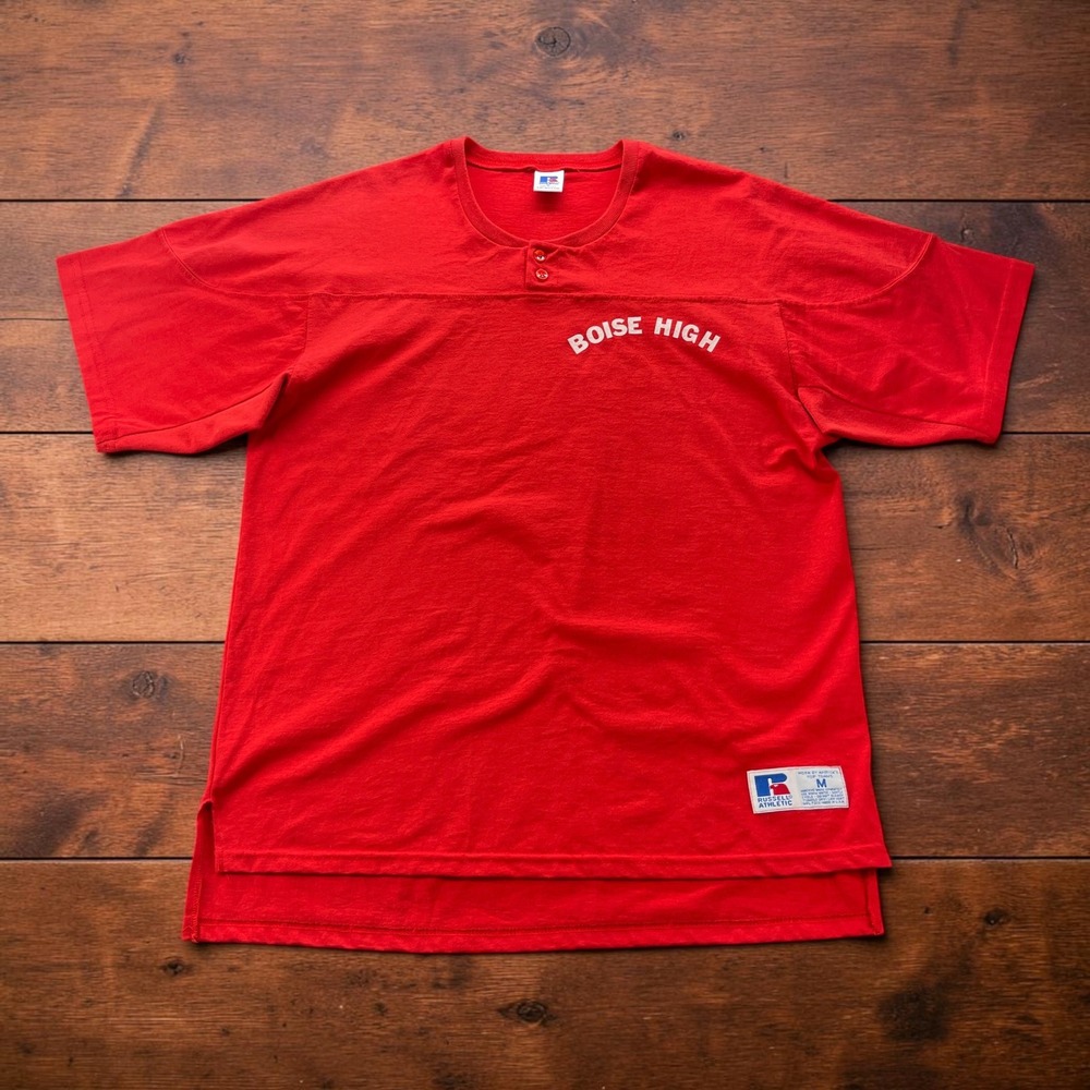 Vintage USA Russell Athletic Boise High Red Henley T-Shirt Jersey Mens Medium